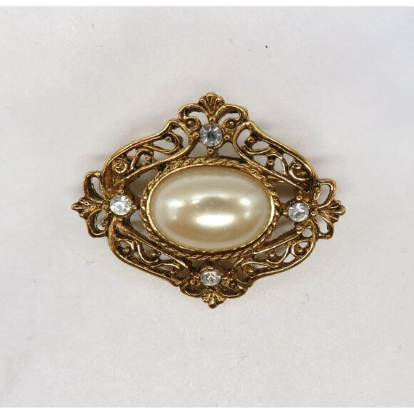 1928 Brooch Gold Tone Victorian Style Imitation Pearl Cabonchon Clear Rhinestone - Picture 4 of 11